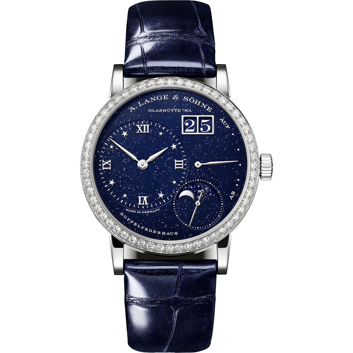 Réplique A. Lange & sohne Little Lange 1 phase de lune en or blanc avec lunette en diamant 182.886