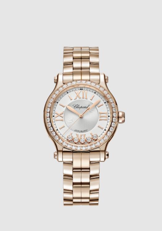 Réplique Chopard Happy Sport 33 diamants lunette cadran blanc or rose sur bracelet 275378-5004