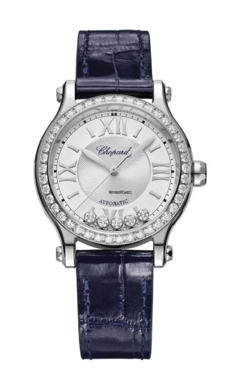 Copie de Chopard Happy Sport 33 Diamant Lunette Cadran Blanc Acier Sur Bracelet Bleu 278608-3003