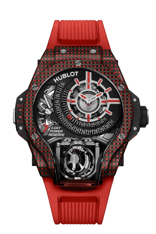 Réplique Hublot MP-09 Tourbillon Bi-Axe Rouge 3D Carbone 49mm 909.QDR.1120.RX