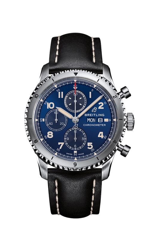 Réplique Breitling Aviator 8 Chronographe 43 Cadran Bleu Bracelet Cuir Homme A13316101C1X3