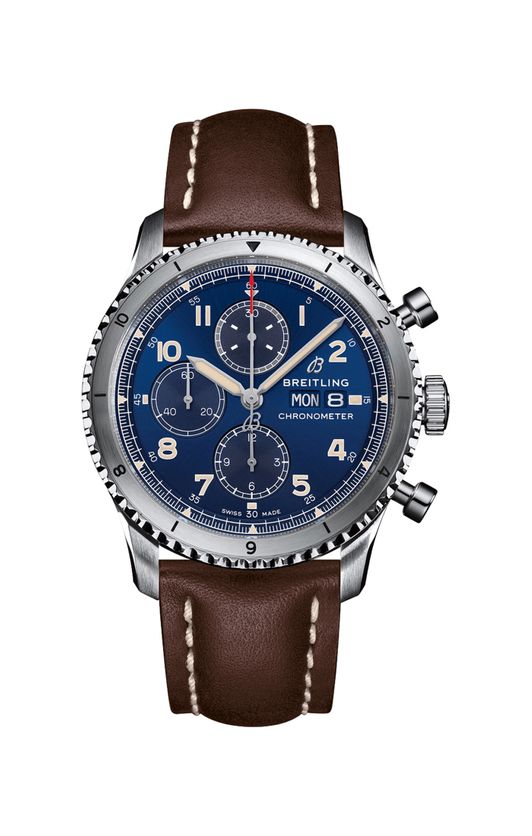 Copie de Breitling Aviator 8 Chronographe 43 Cadran Bleu Bracelet Cuir Marron Homme A13316101C1X4