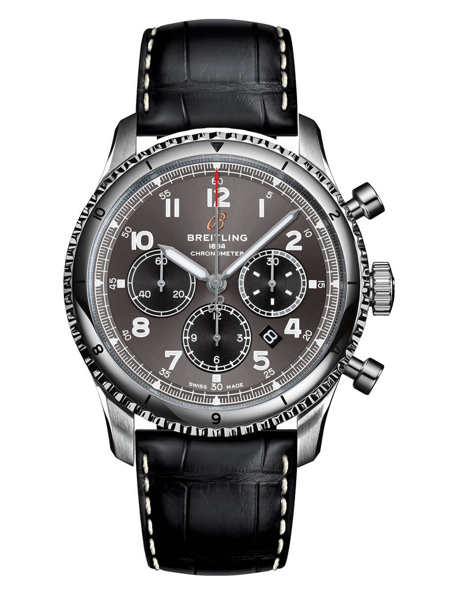 Copie de Breitling Aviator 8 B01 Chronographe 43 Cadran Gris Bracelet Cuir Noir Homme AB0119131B1P1