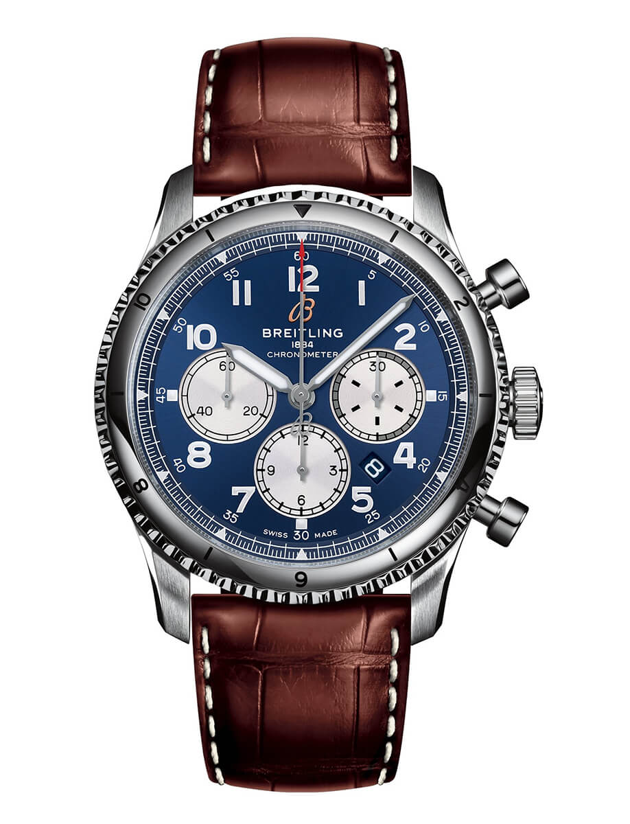 Réplique Breitling Aviator 8 B01 Chronographe 43 Cadran Bleu Bracelet Cuir Marron Montre Homme AB0119131C1P2