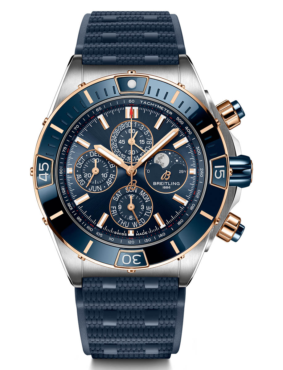 Réplique Breitling Super Chronomat Calendrier 4 ans Cadran bleu Bracelet en caoutchouc U19320161C1S1