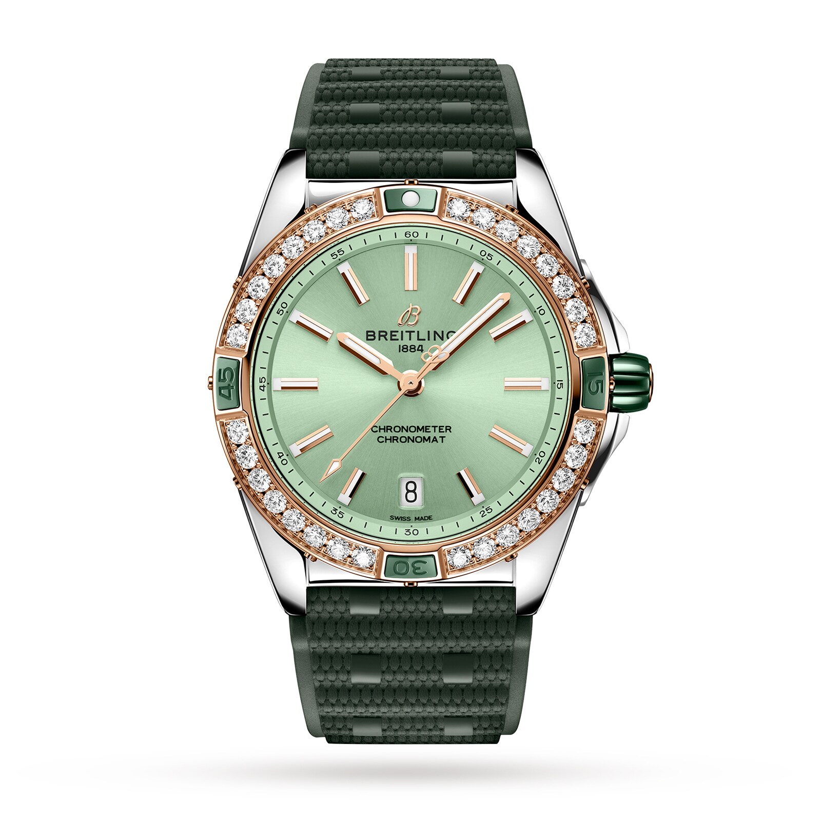 Montre Breitling Super Chronomat Automatic 38 en acier inoxydable vert et bracelet en caoutchouc or rose 18 carats U17356531L1S1