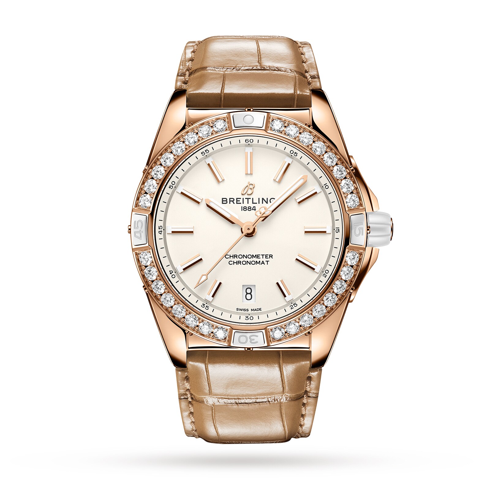 Montre Breitling Super Chronomat Automatic 38 Origins blanche avec bracelet en cuir marron en or rose 18 carats R17356531G1P1