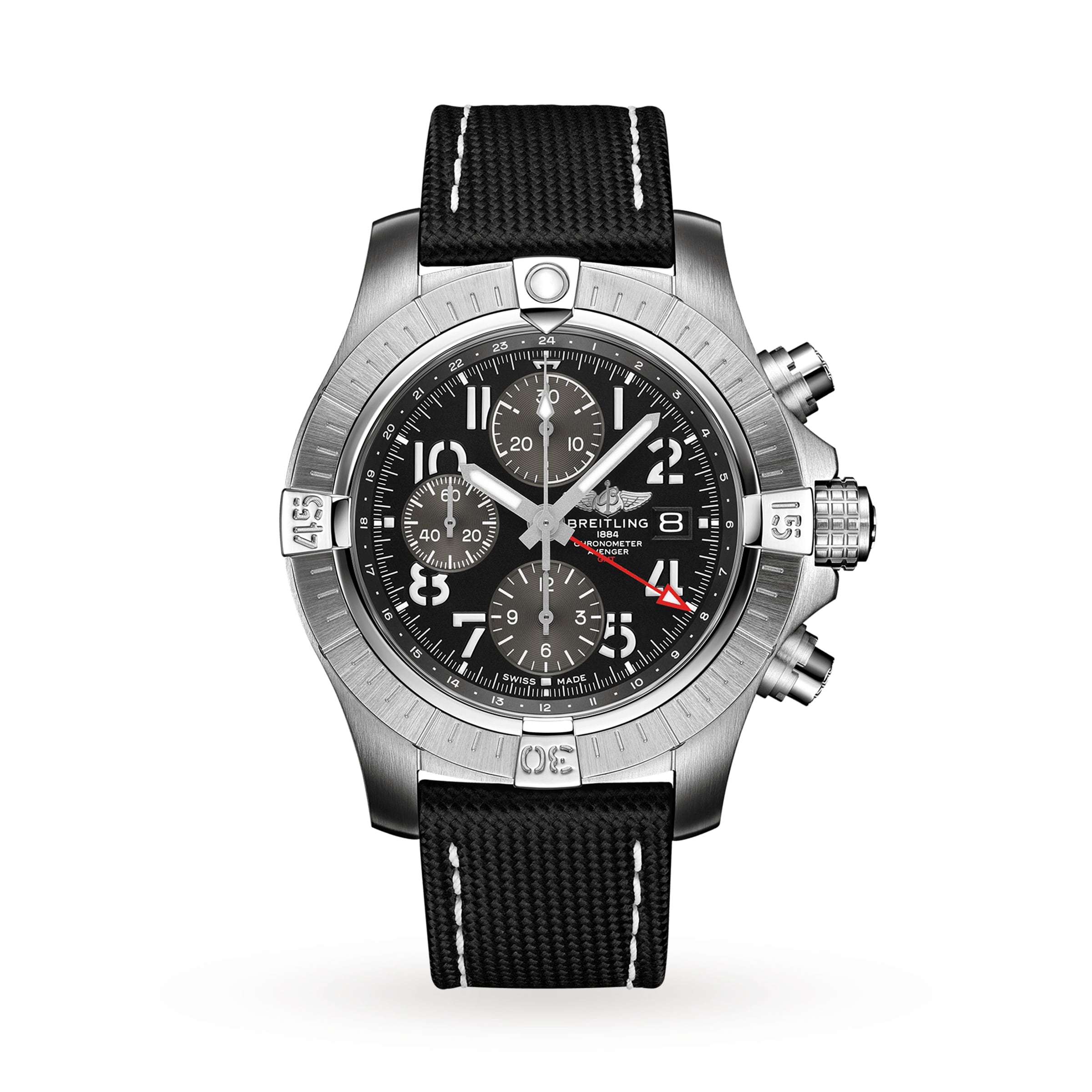 Montre Breitling Avenger Chronographe GMT 45 avec bracelet en cuir et acier inoxydable A24315101B1X2