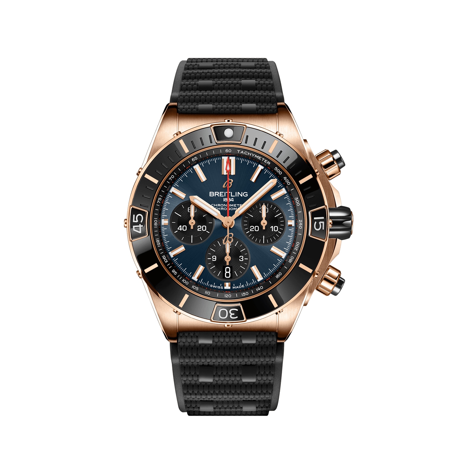 Montre Breitling Super Chronomat B01 44, bracelet en caoutchouc or rouge 18 carats, RB01362A1C1S1