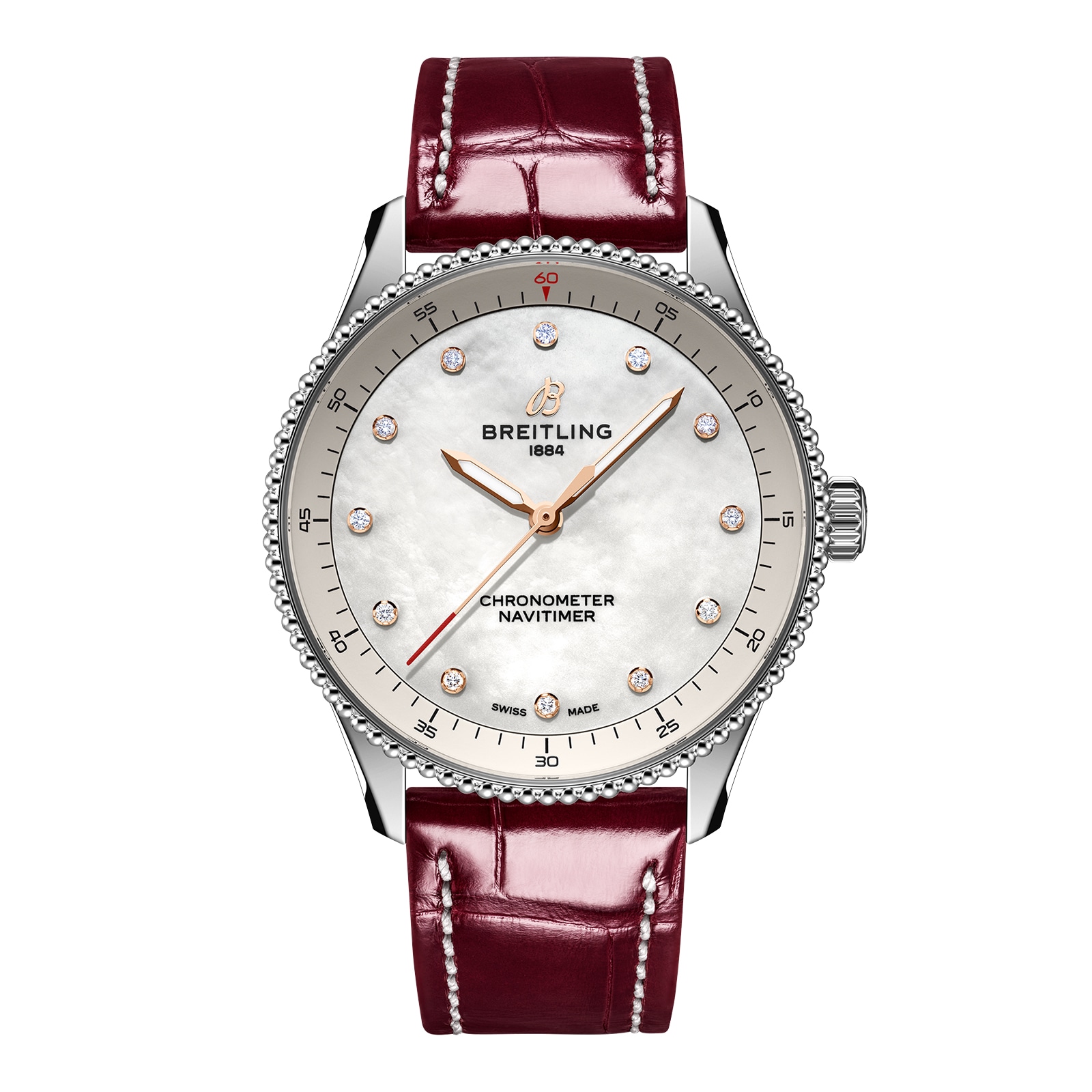 Montre Breitling Navitimer 32 mm pour femme, nacre blanche, cuir de crocodile A77320E61A2P2 Montre Breitling Navitimer 32 mm pour femme, nacre blanche, cuir de crocodile A77320E61A2P2