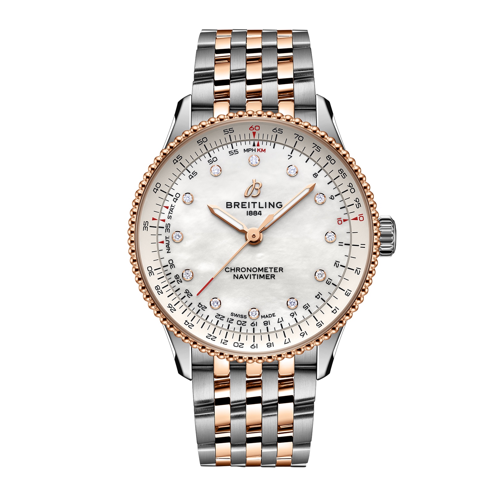 Montre Breitling Navitimer 36 mm pour femme, acier inoxydable, nacre blanche et or rouge 18 carats, U17327211A1U1