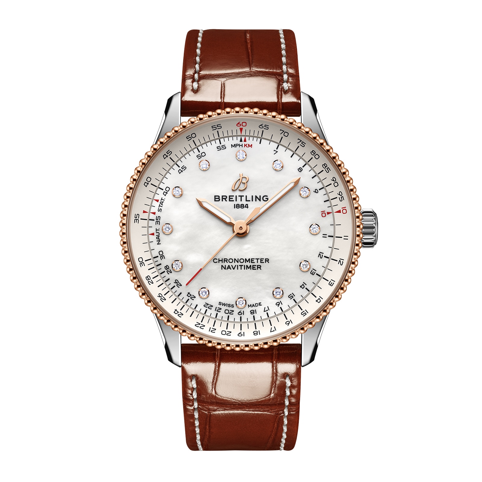 Montre Breitling Navitimer 36 mm pour femme, nacre blanche, cuir crocodile U17327211A1P1