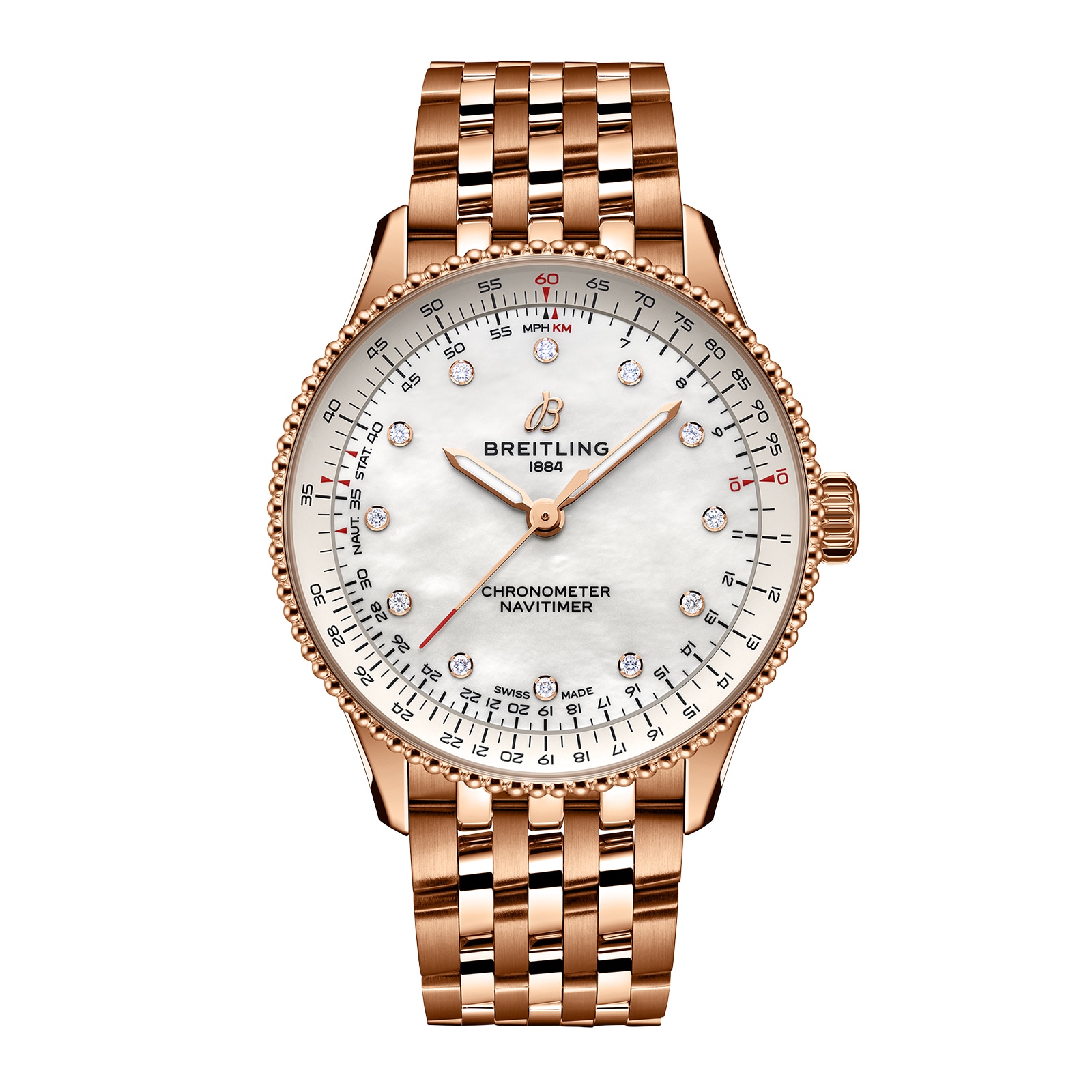 Montre Breitling Navitimer 36 mm pour femme, nacre blanche, or rouge 18 carats, R17327211A1R1