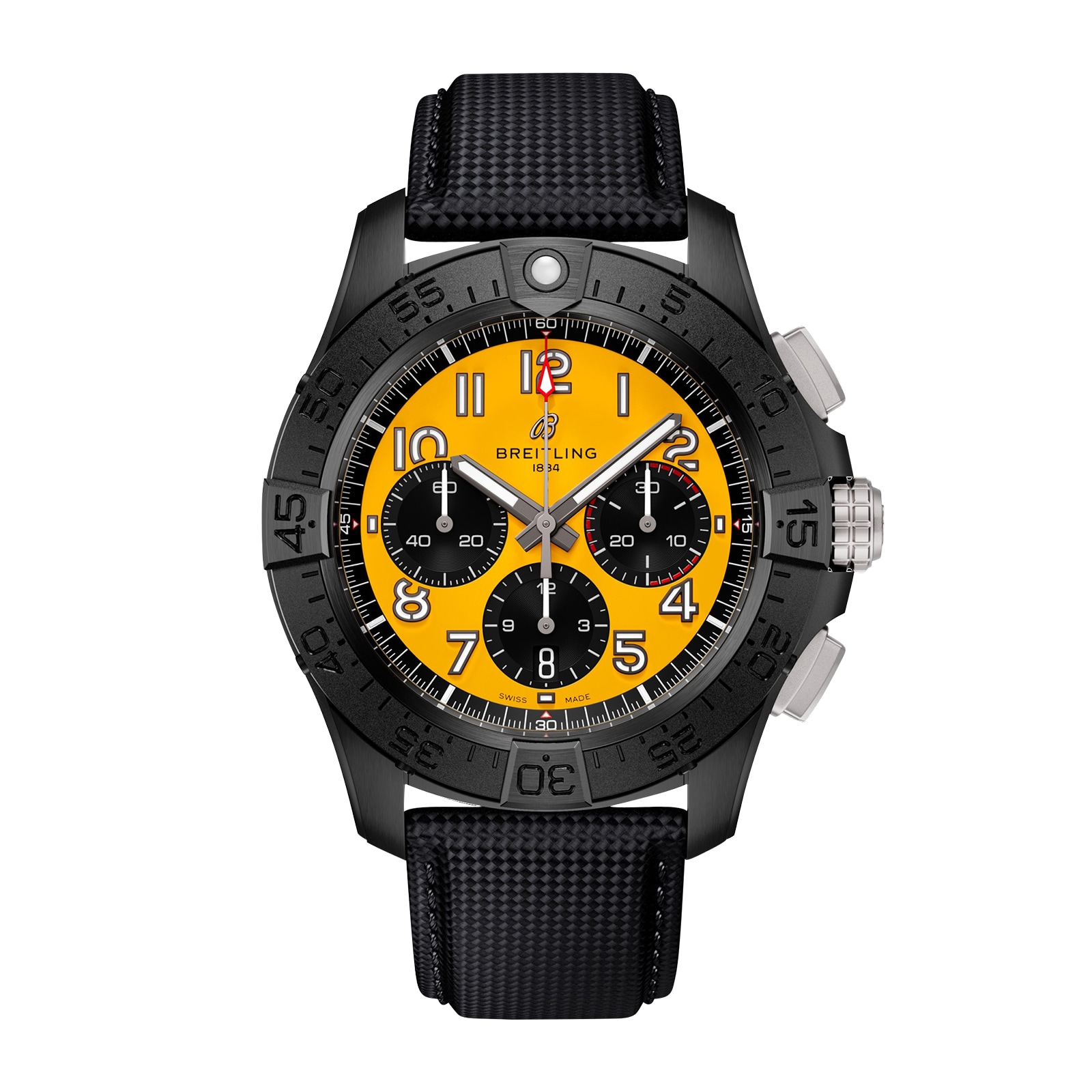 Montre homme Breitling Avenger B01 Chronographe 44 mm Night Mission, cuir noir et jaune SB0147101I1X2