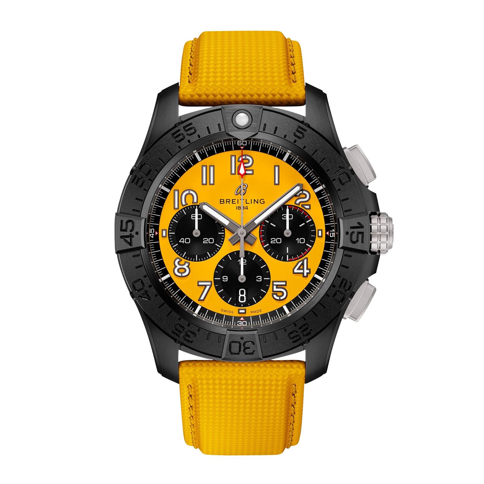 Montre chronographe Breitling Avenger B01 44 mm Night Mission pour homme en cuir jaune SB0147101I1X1
