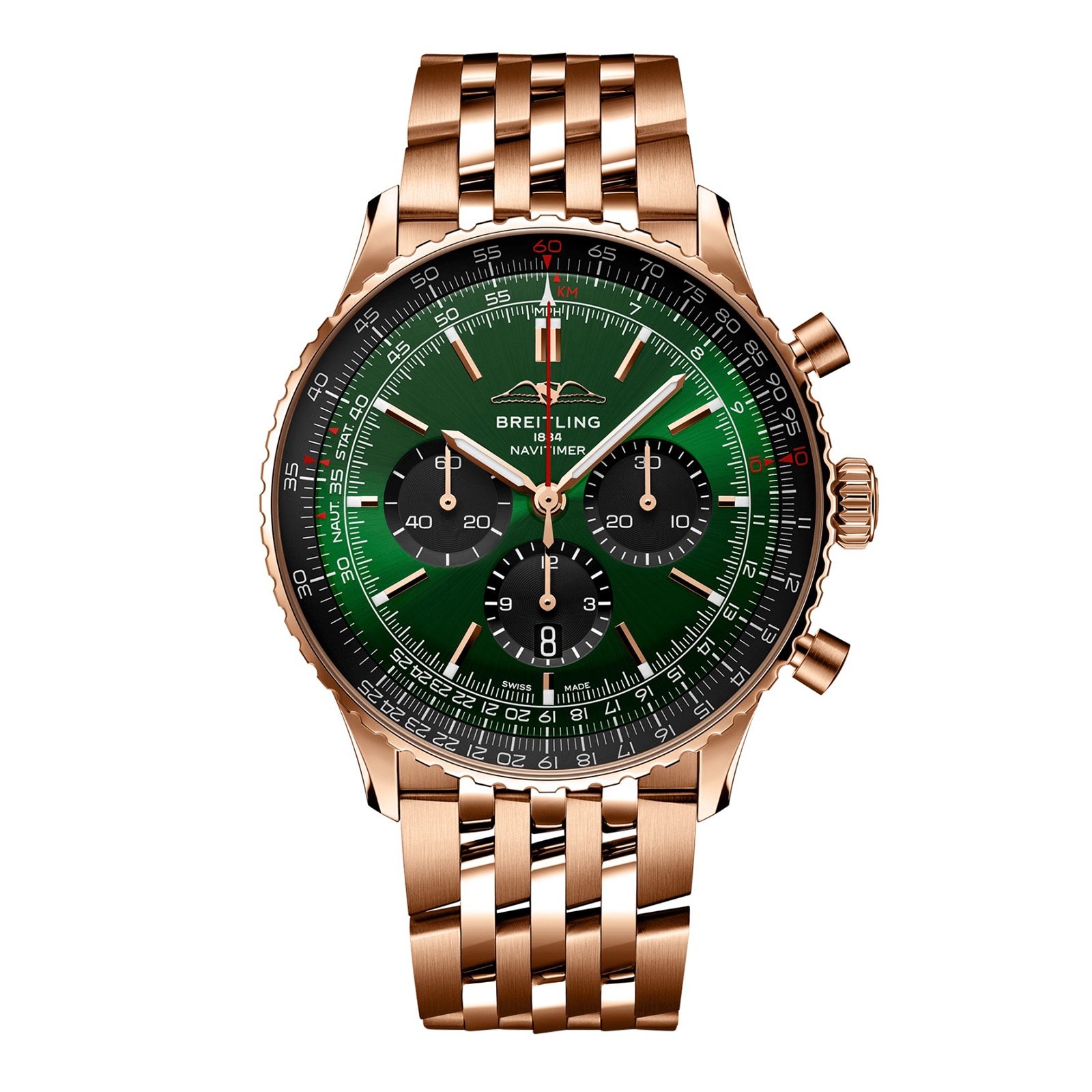 Montre homme Breitling Navitimer Chronographe en or rose 18 carats 46 mm Vert RB0137241L1R1 Montre homme Breitling Navitimer Chronographe en or rose 18 carats 46 mm Vert RB0137241L1R1