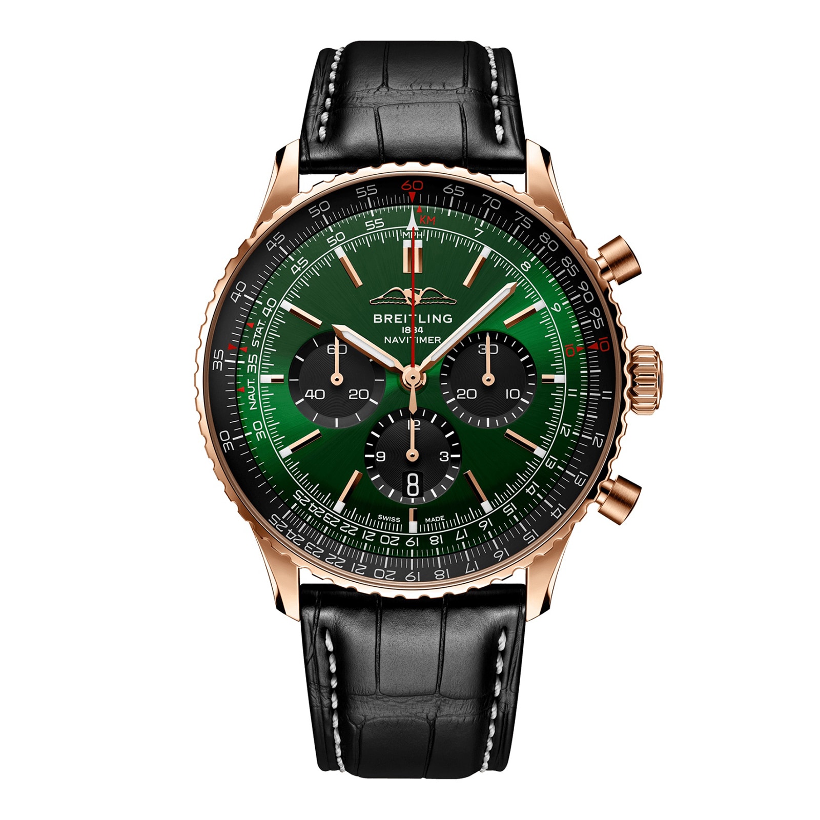 Montre Breitling Navitimer Chronographe pour homme en or rose 18 carats, 46 mm, crocodile vert, RB0137241L1P1