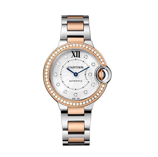 Montre Cartier Ballon Bleu 33 mm pour femme, acier, or rose 18 carats, diamants, W3BB0023