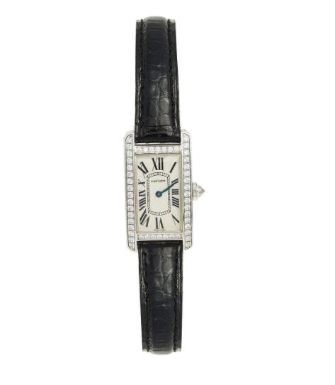 Montre Cartier Tank Americaine en or blanc 18 carats, diamants, crocodile, 19 mm, WB707331