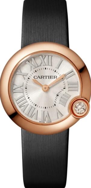 Montre Cartier Ballon Bleu pour femme, cadran argente, bracelet en cuir et or rose 18 carats, WGBL0008