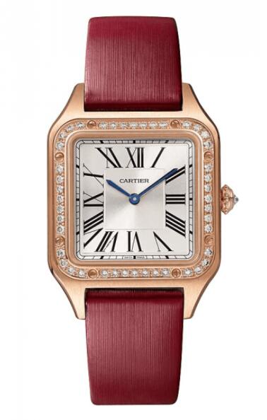 Montre Cartier Santos Dumont pour femme, cadran argente, or rose 18 carats, diamants, bracelet cuir, WJSA0019 Montre Cartier Santos Dumont pour femme, cadran argente, or rose 18 carats, diamants, bracelet cuir, WJSA0019