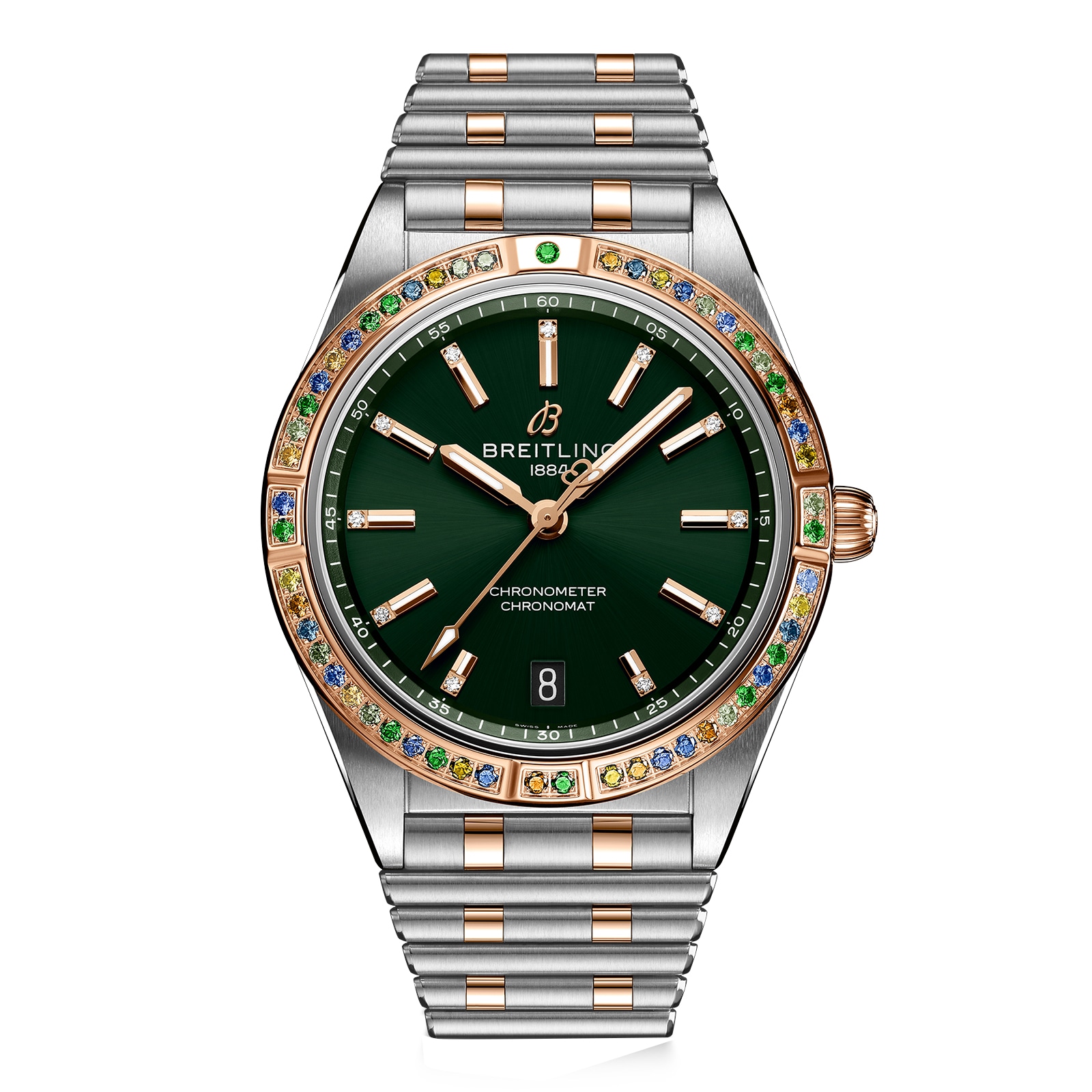 Montre Breitling Chronomat Automatic 36 pour femme en acier inoxydable vert des mers du Sud et bracelet en or rose 18 carats (U10380611L1U1) Montre Breitling Chronomat Automatic 36 pour femme en acier inoxydable vert des mers du Sud et bracelet en or rose 18 carats (U10380611L1U1)