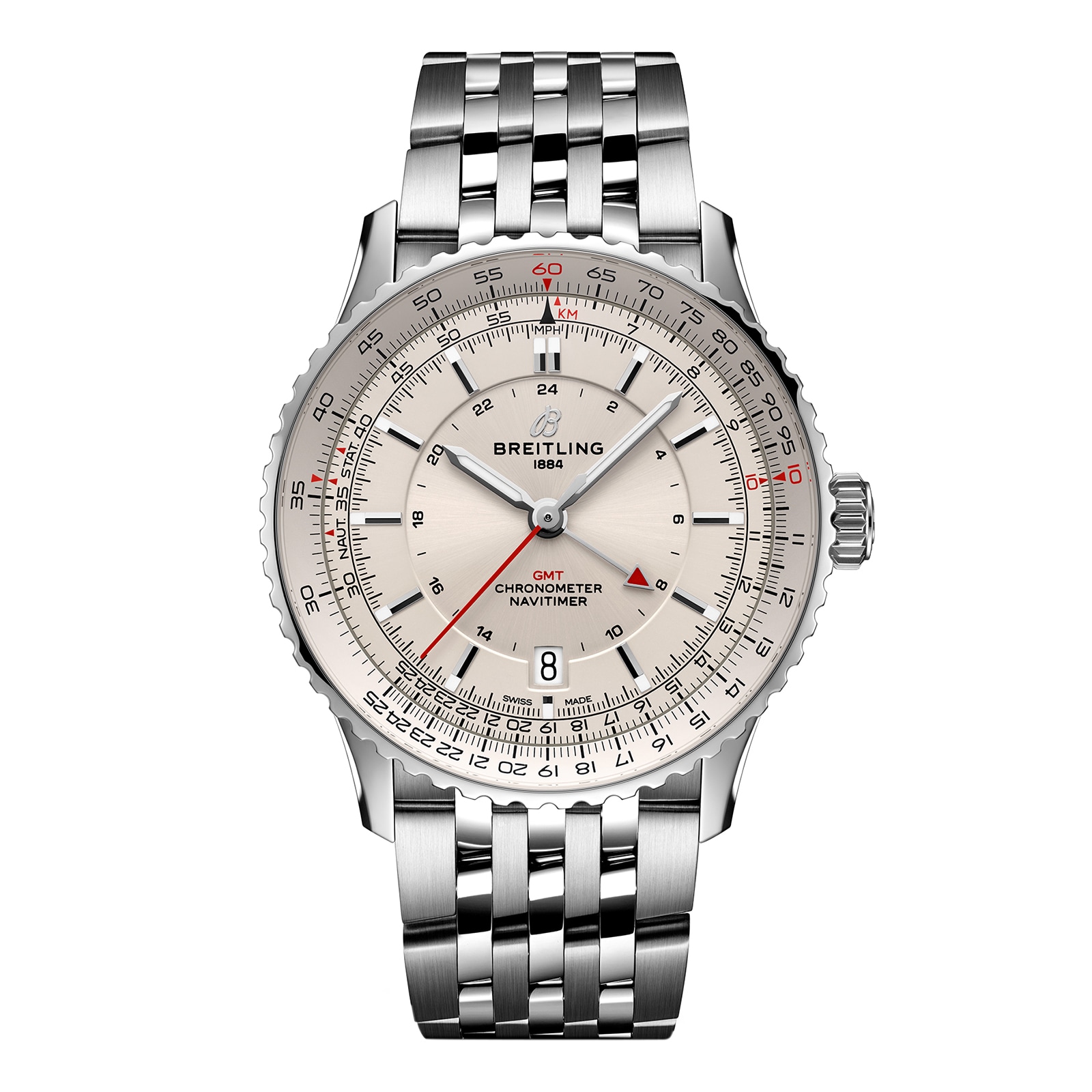 Montre Breitling Navitimer Automatique GMT 41 mm pour homme, acier inoxydable argente A32310211G1A1